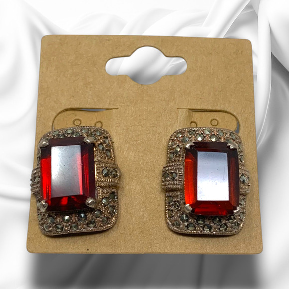 Vintage Art Deco Marcasite Silver 925 Emerald Cut Red Crystal Earrings Clip On - Picture 5 of 5